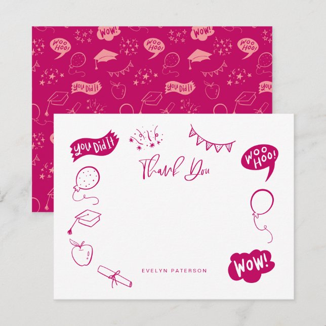Modern Graduation Doodle Pink Thank You Note Card (Front/Back)