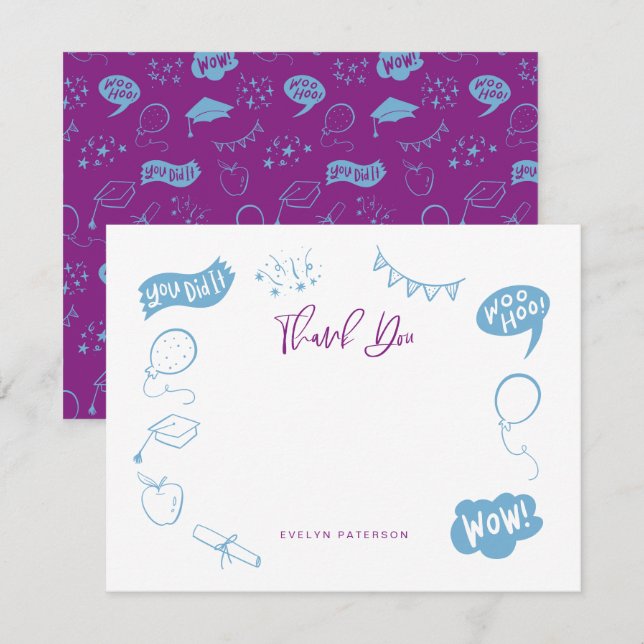 Modern Graduation Doodle Purple Blue Thank You Note Card (Front/Back)