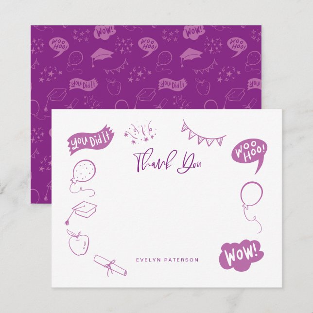 Modern Graduation Doodle Purple Thank You Note Card (Front/Back)