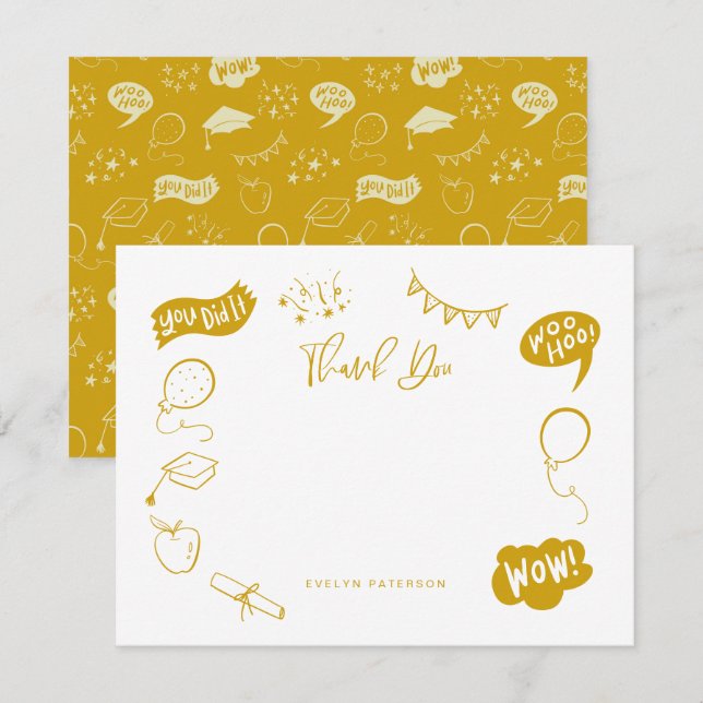 Modern Graduation Doodle Yellow Thank You Note Card (Front/Back)