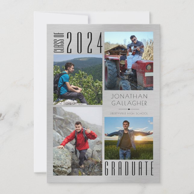 Modern Graduation Four Photos Brushed Silver Announcement (Front)