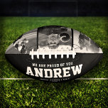 Modern Graduation Gift Cool Photo Collage Trendy Football<br><div class="desc">Perfect for the coolest grad you love: A customized football with 3 favorite photos in trendy black and white, his name, and a sweet message from you as well as names and year. Great graduation gift or an awesome surprise for his birthday, surely a keepsake he'll love for years to...</div>