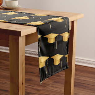 Modern Graduation Gold Cap Tassel Black Short Table Runner
