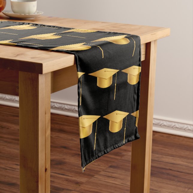 Modern Graduation Gold Cap Tassel Black Short Table Runner (In Situ)