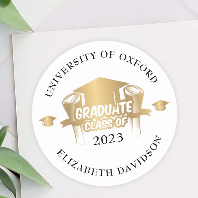 Modern Graduation Gold foil and Black typography Classic Round Sticker (Creator Uploaded)