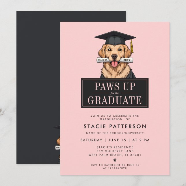 Modern Graduation Golden Retriever with Grad Hat Invitation (Front/Back)