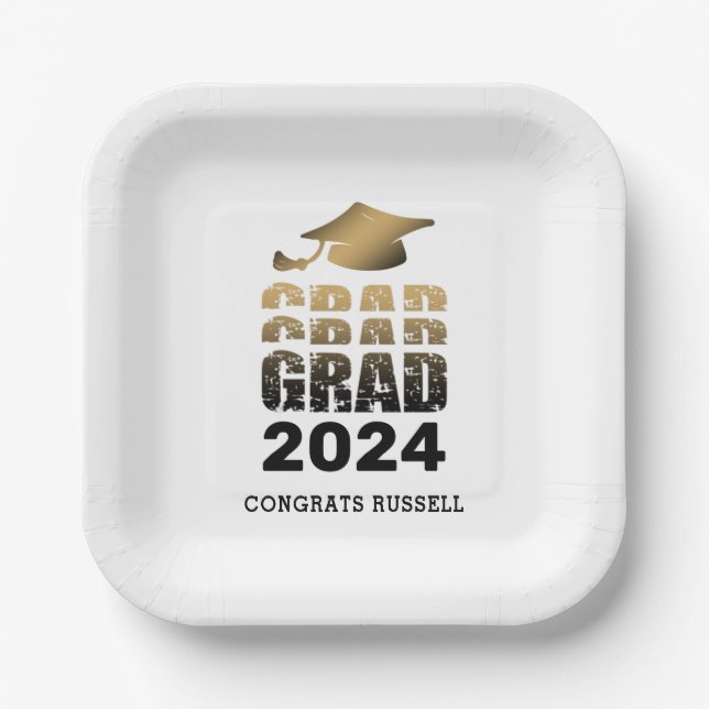 Modern Graduation GRAD Year Black Gold Paper Plates (Front)