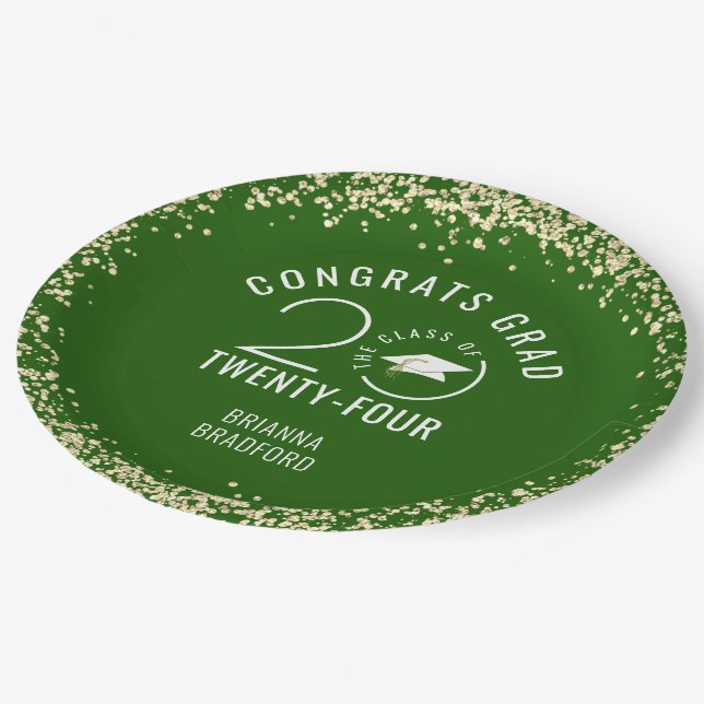 Modern Graduation Green Faux Gold Glitter Paper Plates (Angled)
