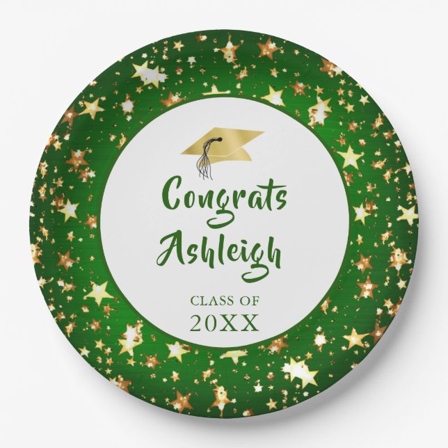 Modern Graduation Green Gold Stars Hand Lettered Paper Plates (Front)