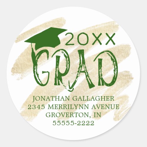 Modern Graduation Green GRAD Return Address Classic Round Sticker