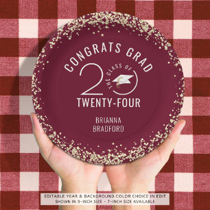 Modern Graduation Maroon Faux Gold Glitter Paper Plates