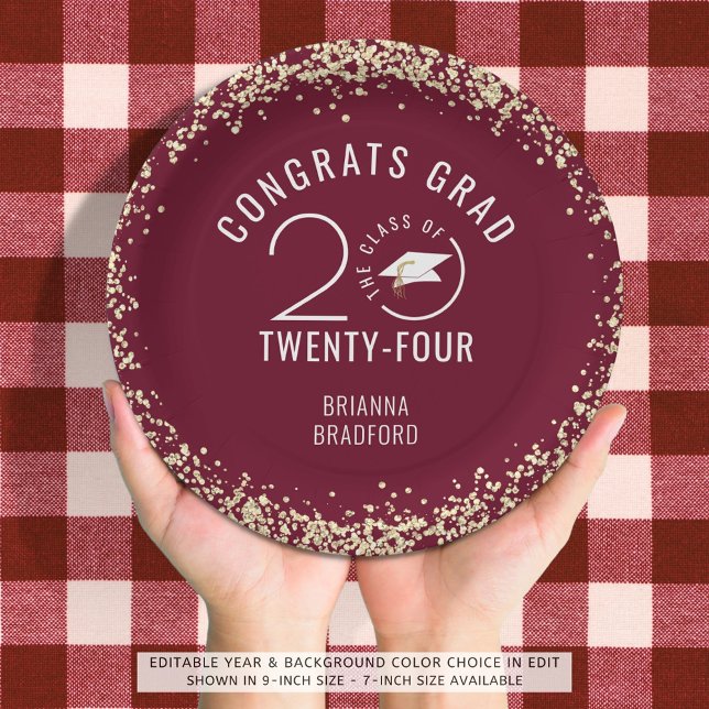 Modern Graduation Maroon Faux Gold Glitter Paper Plates (Creator Uploaded)