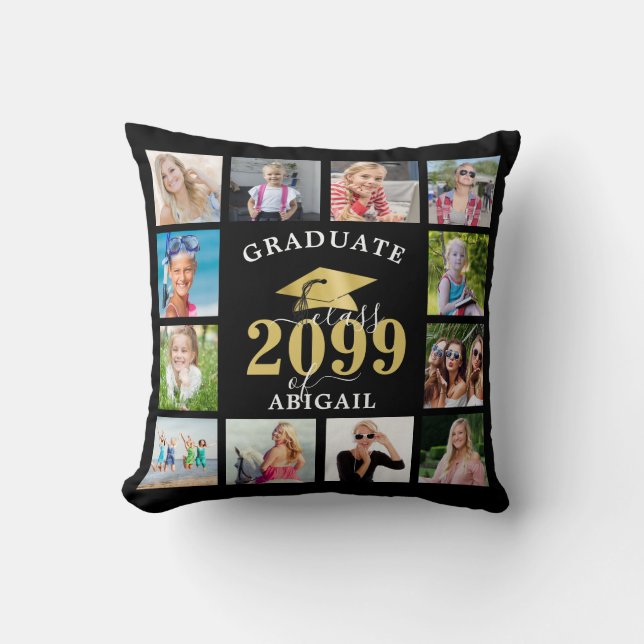 Modern Graduation Metallic Gold Cap 12 Photo Throw Pillow (Front)