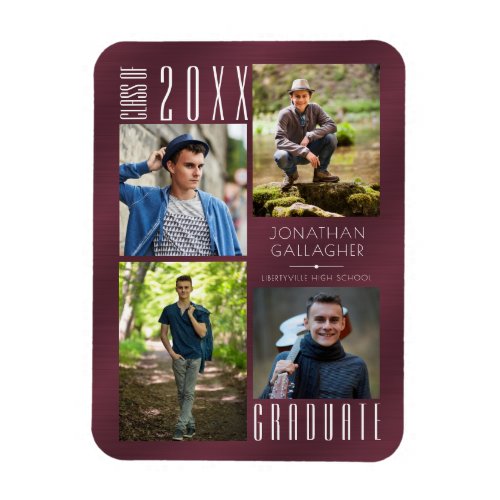 Modern Graduation Metallic Maroon Photo Collage Magnet