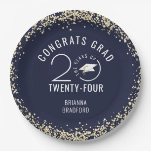 Modern Graduation Navy Blue Faux Gold Glitter Paper Plates