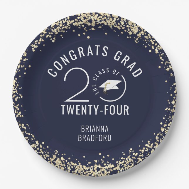 Modern Graduation Navy Blue Faux Gold Glitter Paper Plates (Front)