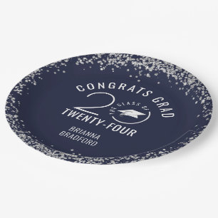 Modern Graduation Navy Blue Faux Silver Glitter Paper Plates