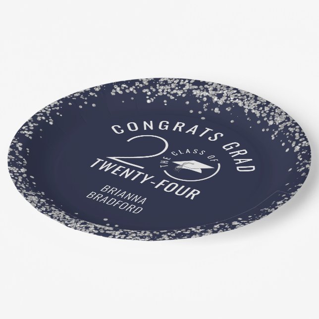 Modern Graduation Navy Blue Faux Silver Glitter Paper Plates (Angled)