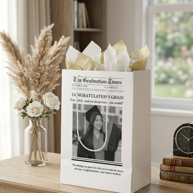 Modern Graduation Newspaper congratulation Medium Gift Bag (Creator Uploaded)