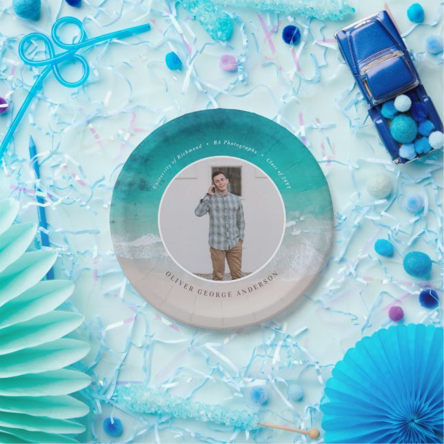 Modern graduation ocean beach modern photo travel paper plates (Party)