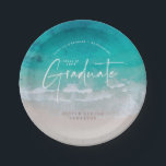 Modern graduation ocean beach script modern paper  paper plates<br><div class="desc">Modern geometric graduation ocean beach modern travel adventure party plate. Featuring  on trend script text and stunning beach ocean photography. Class of 20xx also available. Part of a collection.</div>