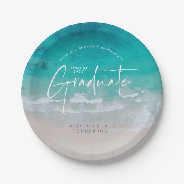Modern graduation ocean beach script modern paper  paper plates (Front)