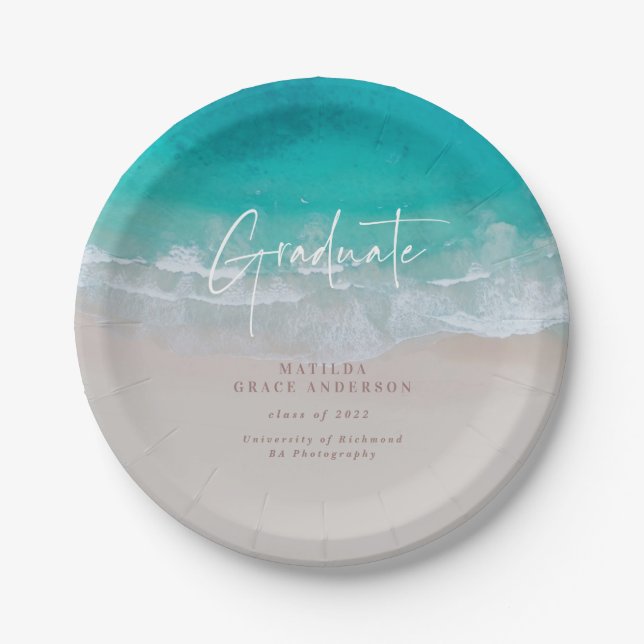 Modern graduation ocean beach script modern paper plates (Front)