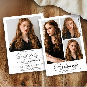 Modern Graduation Party 3 Photo Collage Script Invitation