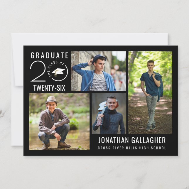 Modern Graduation Party Black 4 Photo Collage Invitation (Front)