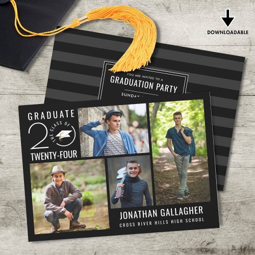 Modern Graduation Party Black 4 Photo Collage Invitation