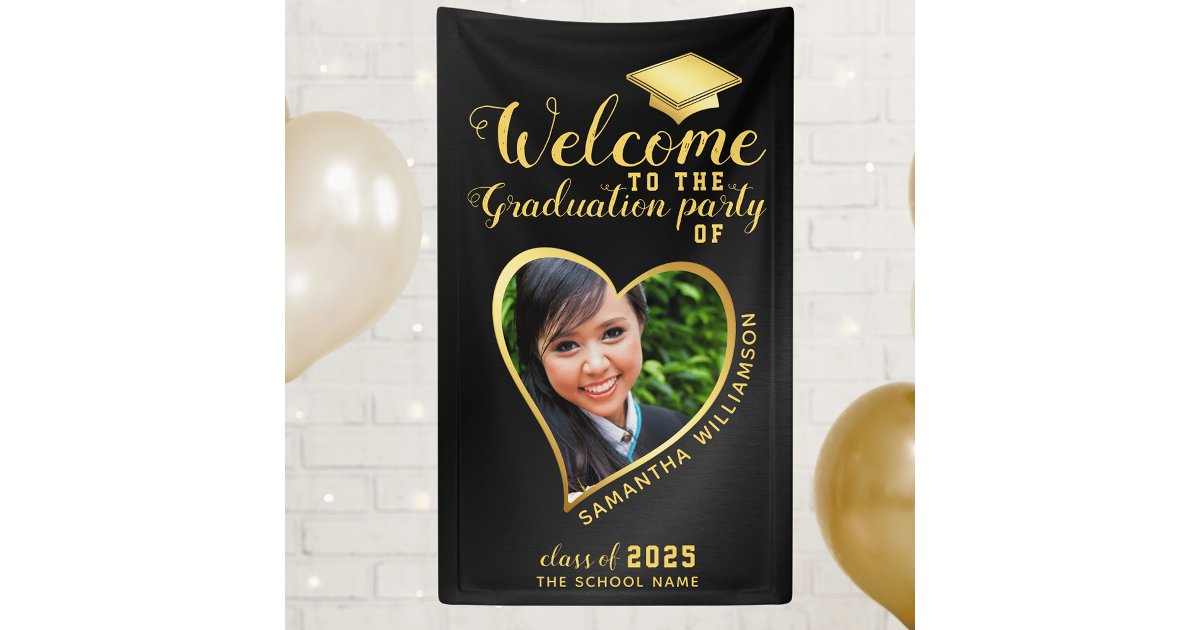 Modern Graduation Party Black Gold Photo Welcome Banner | Zazzle