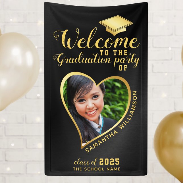 Modern Graduation Party Black Gold Photo Welcome Banner (Creator Uploaded)