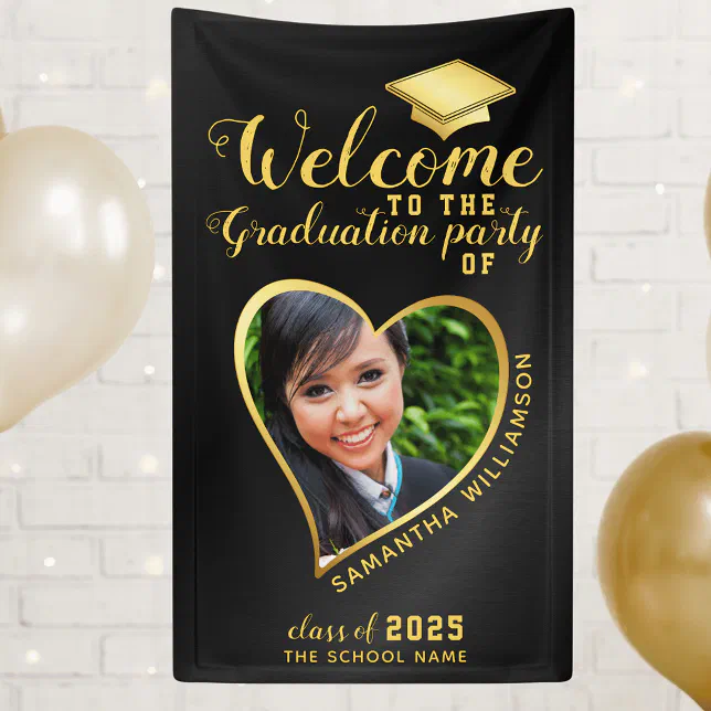 Modern Graduation Party Black Gold Photo Welcome Banner | Zazzle