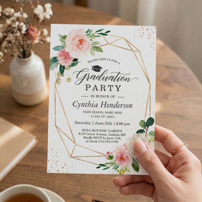 Modern Graduation Party Girly Blush Pink Floral Invitation (Creator Uploaded)