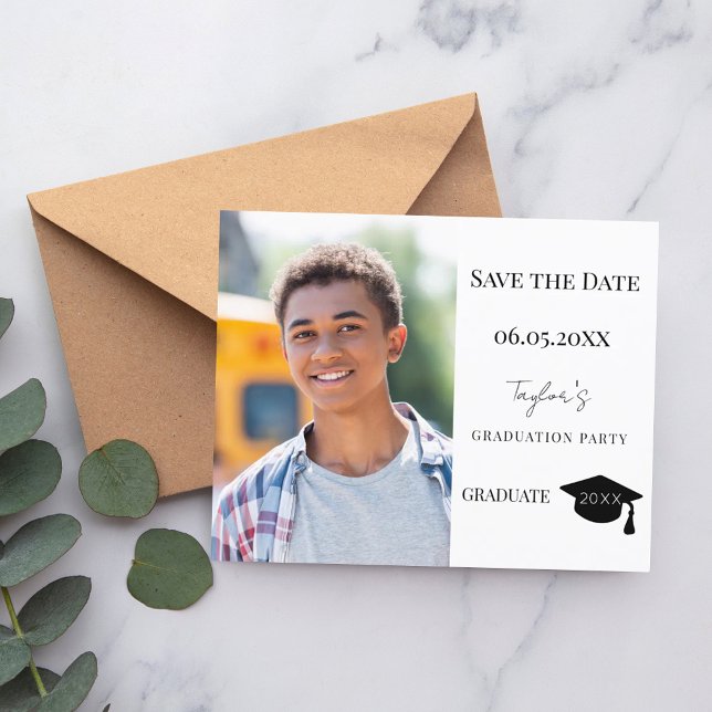 Modern Graduation Party guy Save the Date card (Creator Uploaded)