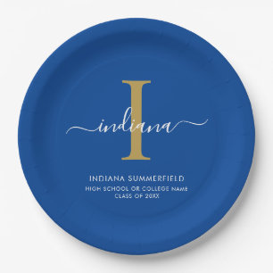 Modern Graduation Party Monogram Blue Minimalist Paper Plates