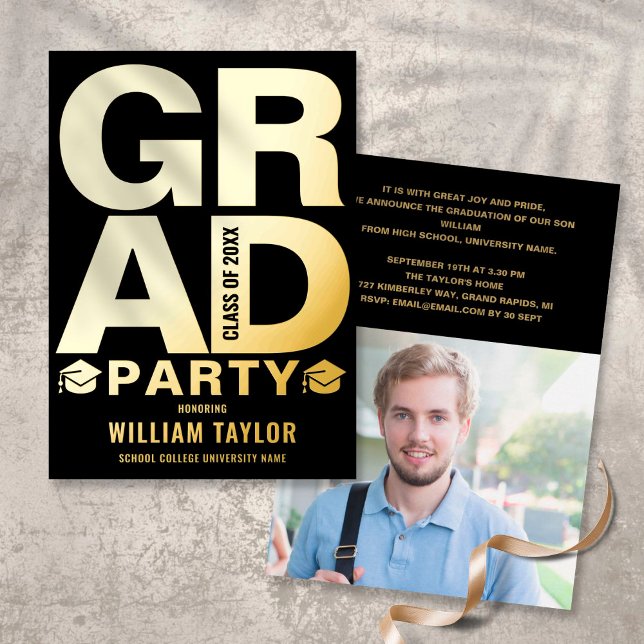 Modern Graduation Party Photo Black And Gold Foil Invitation (Creator Uploaded)