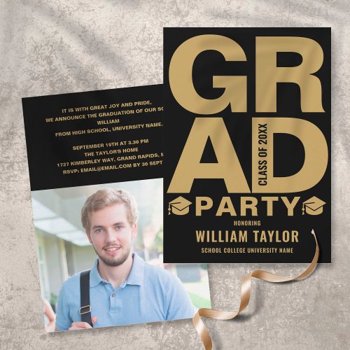 Modern Graduation Party Photo Black And Gold Invitation