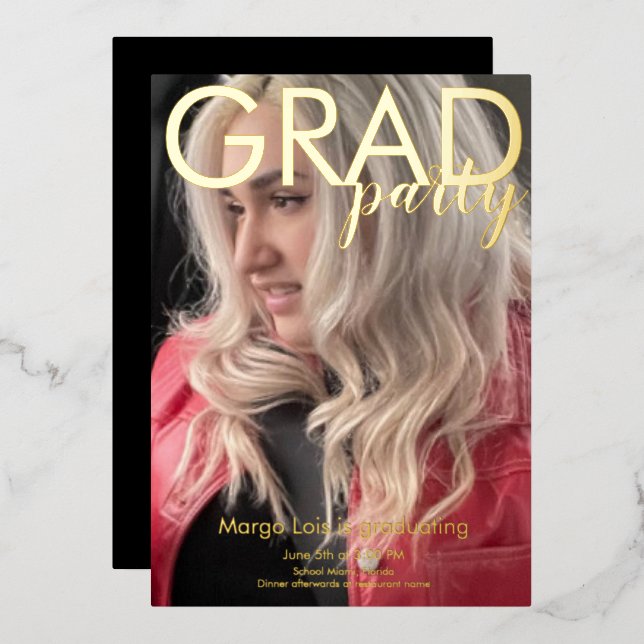 Modern Graduation Party Photo Pressed   Foil Invitation (Front/Back)