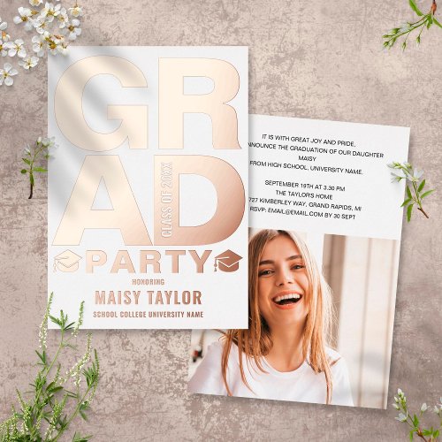 Modern Graduation Party Photo Rose Gold Foil Invitation