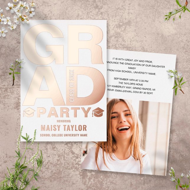 Modern Graduation Party Photo Rose Gold Foil Invitation (Creator Uploaded)