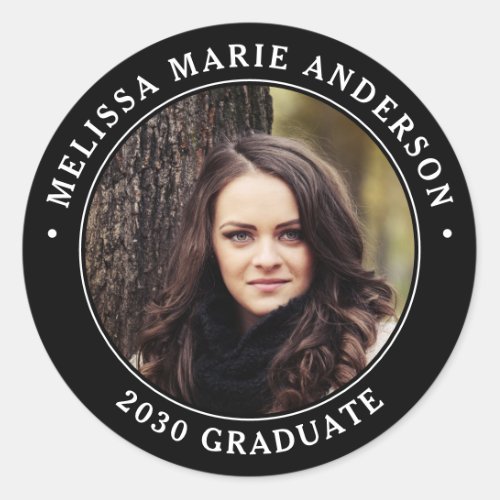 Modern Graduation Personalized Graduate Photo Classic Round Sticker - Add the finishing touch to your graduation invitations, party favors or gifts with these circle custom photo graduation stickers. Personalized these graduation stickers with your favorite photo, name and graduate year.   COPYRIGHT © 2020 Judy Burrows, Black Dog Art - All Rights Reserved. Modern Graduation Personalized Graduate Photo Classic Round Sticker