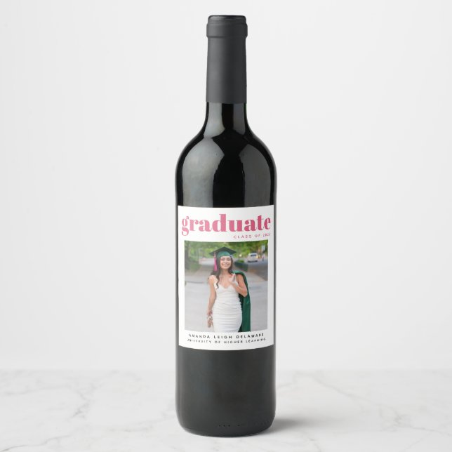 Modern Graduation Photo Announcement Wine  Label (Front)