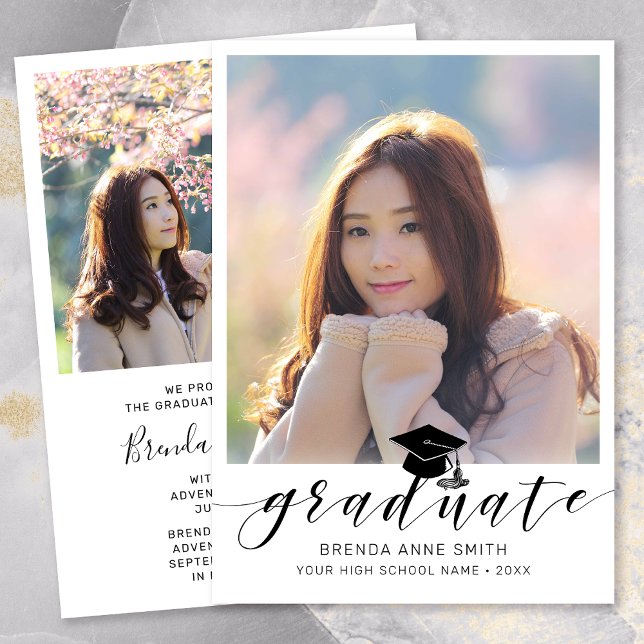 Modern Graduation Photo Black Script Cap on White Announcement (Modern Two Photo Black Script on White Graduation Announcement)