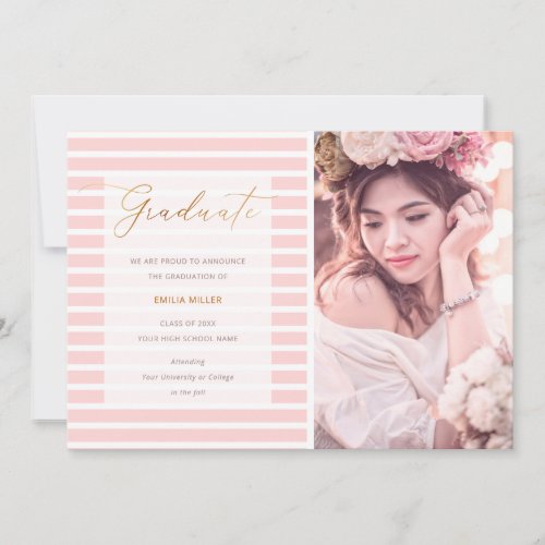 Modern Graduation Photo Blush Pink Stripes Announcement