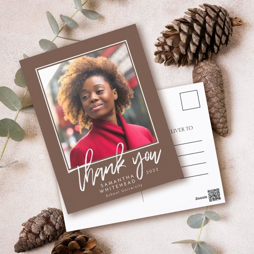 Modern Graduation Photo Brown Thank You Postcard