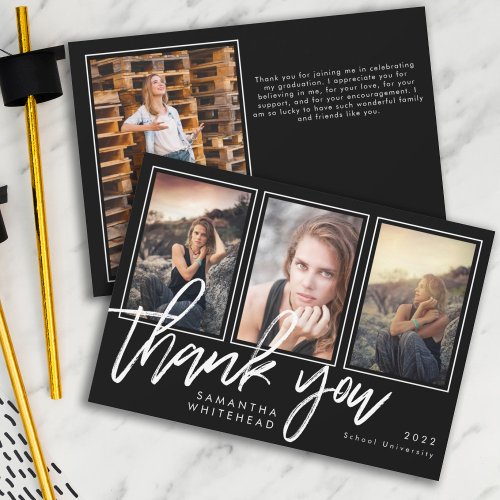 Modern Graduation Photo Collage Black Thank You Card