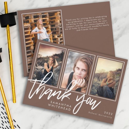 Modern Graduation Photo Collage Brown Thank You Card