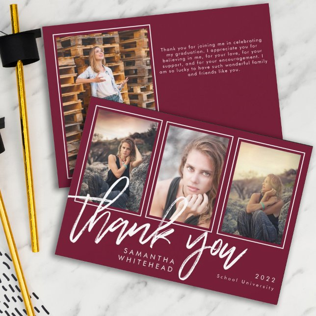 Modern Graduation Photo Collage Burgundy Thank You Card (Creator Uploaded)