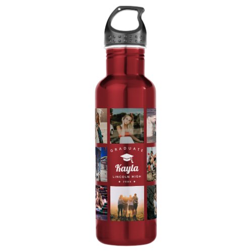 Modern Graduation Photo Collage Instagram Cool Red Stainless Steel Water Bottle